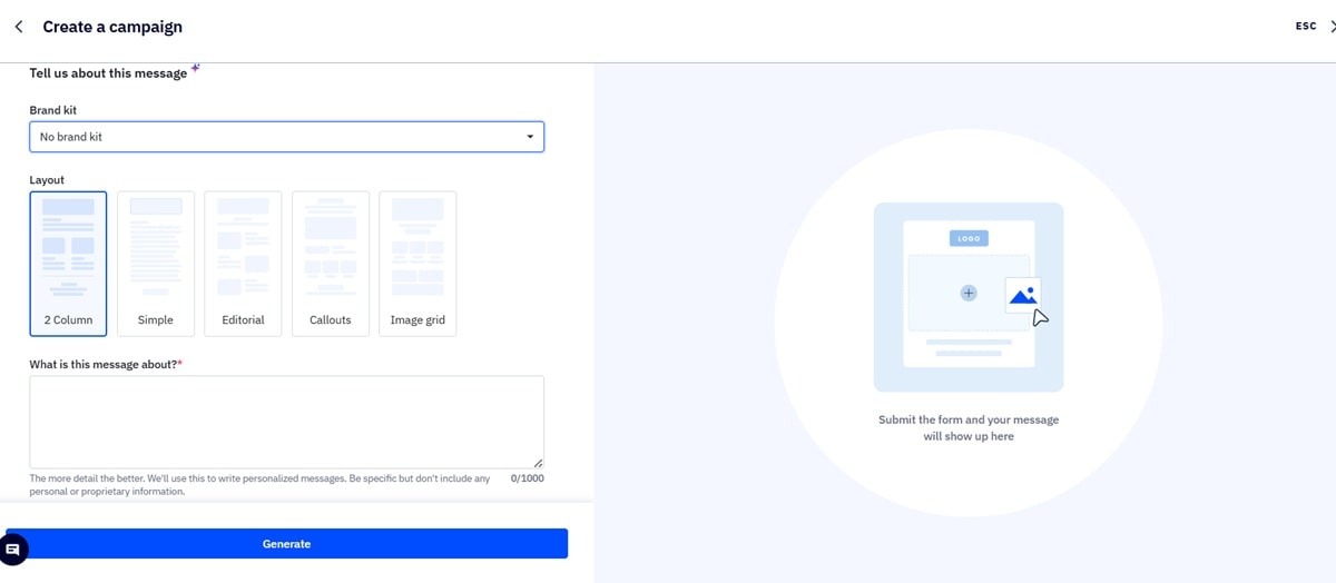 ActiveCampaign AI campaign builder interface with brand kit import and email description prompt for generating automated marketing campaigns